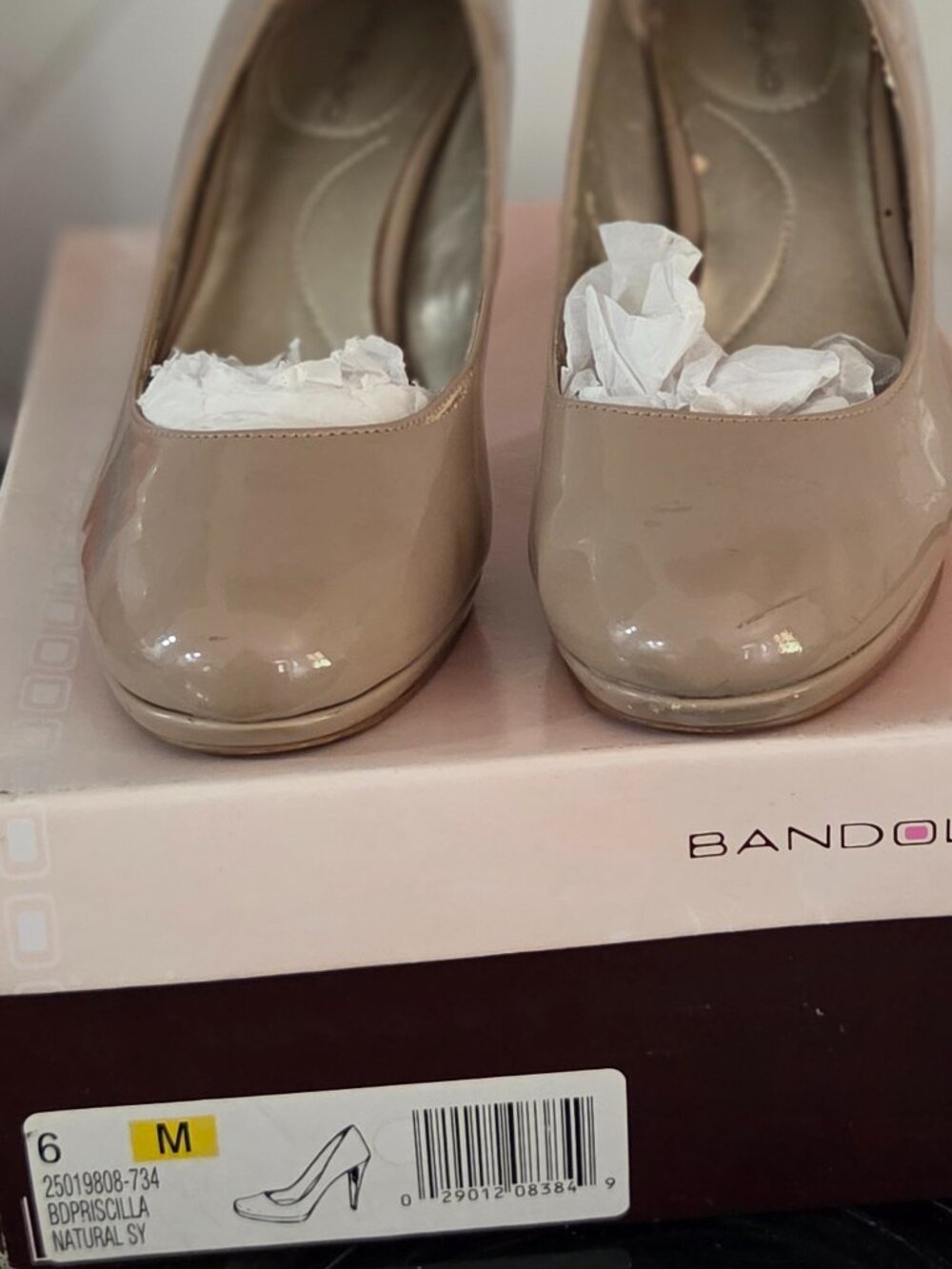 Bandolino Priscilla pumps featuring a glossy nude patent finish